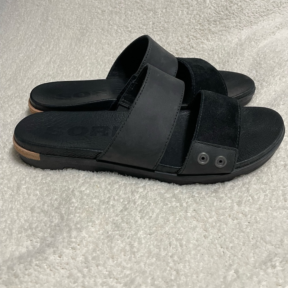 Sorel Torpeda Slide II Sandal Black Double Straps Suede Leather Sz 9